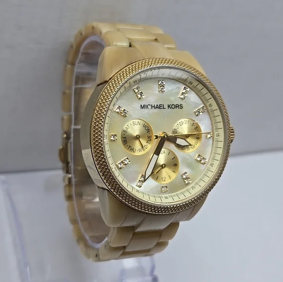 Womens Michael Kors Horn Day Date Watch Gold Tone Resin Jet Set 37mm New Battery - Picture 3 of 9